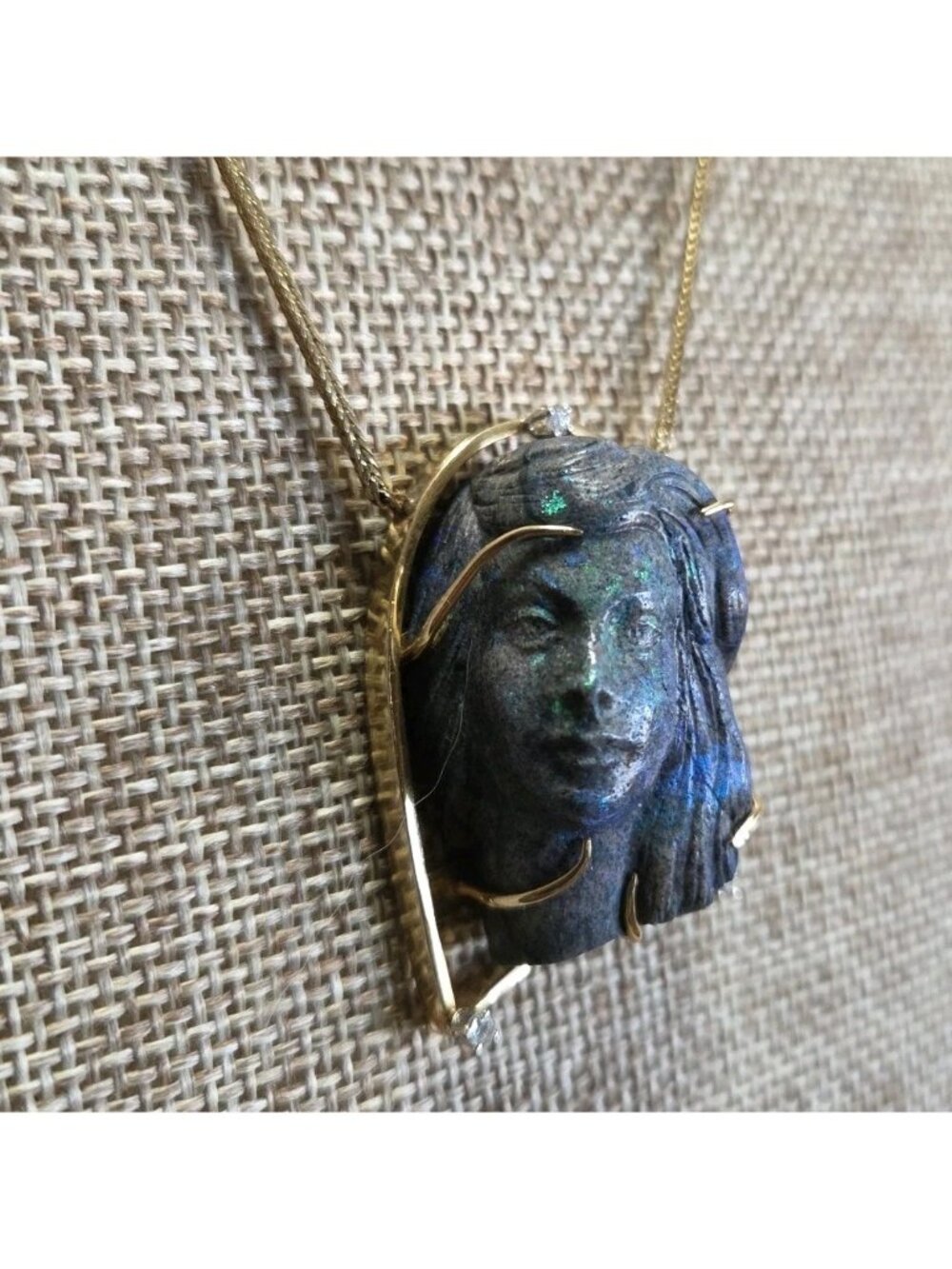 Vtg 14K Gold Carved Opal Female Face Diamond Necklace 22.42g Bust Figural 585 - Picture 8 of 16